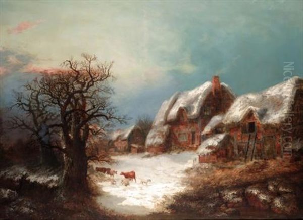 Winter Landscape With Cattle And Sheep Oil Painting by Hendrik Barend Koekkoek