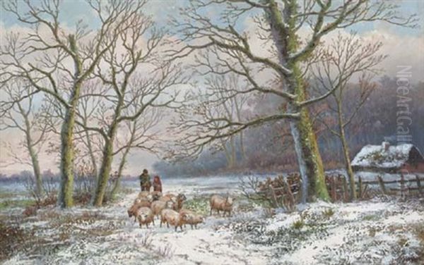 Shepherds With Their Flock In A Winter Landscape Oil Painting by Hendrik Barend Koekkoek