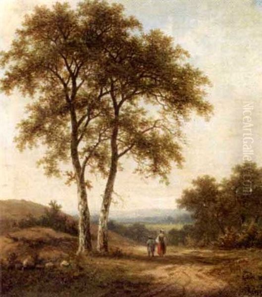 Figures In A Wooded Landscape by Hendrik Barend Koekkoek