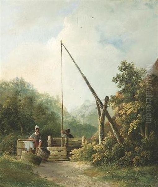 Am Ziehbrunnen. Wascherin An Einem Grosen Waschzuber Oil Painting by Hendrik Barend Koekkoek