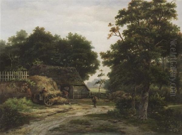 Eine Scheune Im Wald. Bauern Bringen Das Stroh Ein Oil Painting by Hendrik Barend Koekkoek