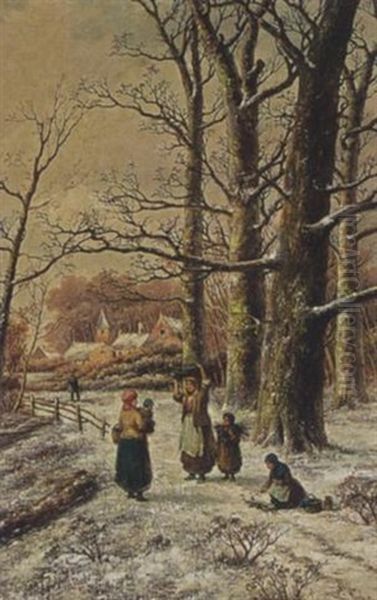 Wood Gatherers In A Winter Forest Oil Painting by Hendrik Barend Koekkoek