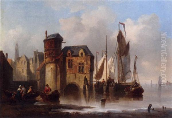 A Small Dutch Port Oil Painting by Hendrik Barend Koekkoek