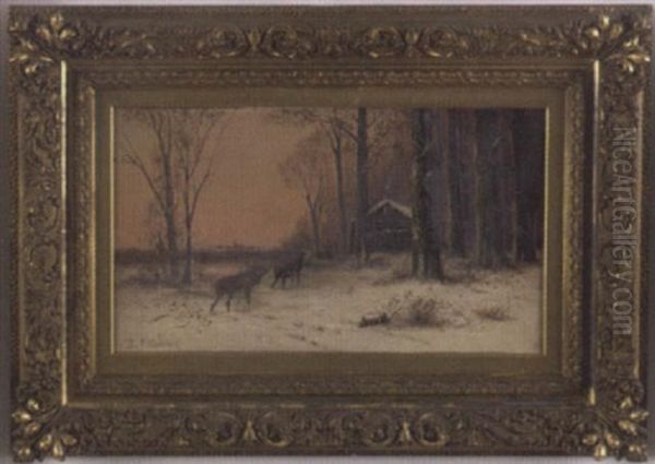 Winter Landscape With A Log Cabin, Deer, And Town In Background Oil Painting by Hendrik Barend Koekkoek