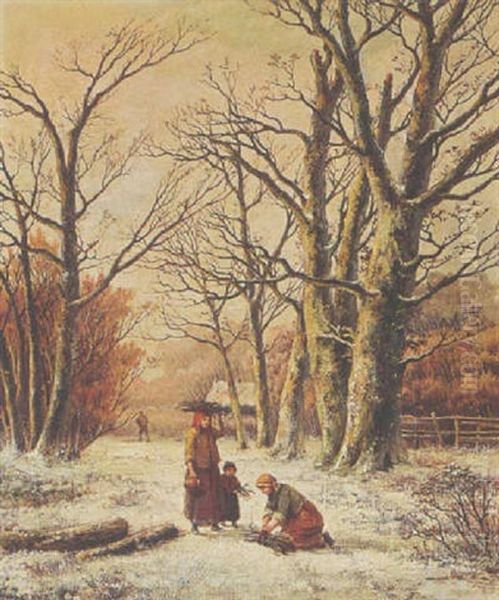 Women Gathering Wood In A Winter Landscape Oil Painting by Hendrik Barend Koekkoek