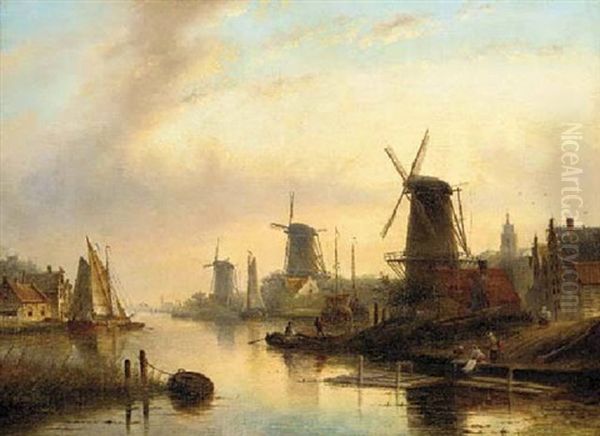 A Dutch Estuary Scene Oil Painting by Hendrik Barend Koekkoek