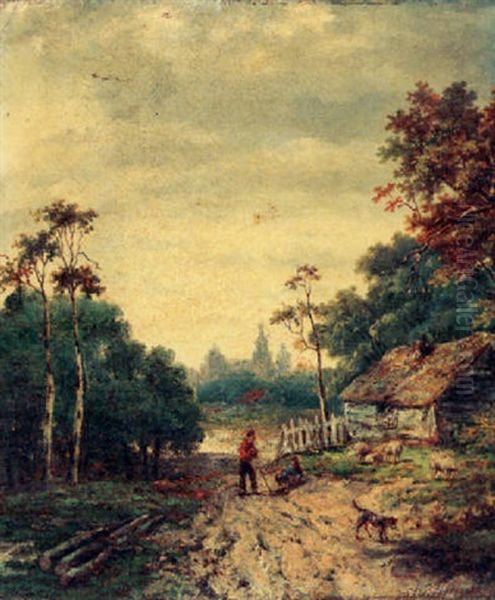 Shepherds On A Country Road With A Town In The Background Oil Painting by Hendrik Barend Koekkoek