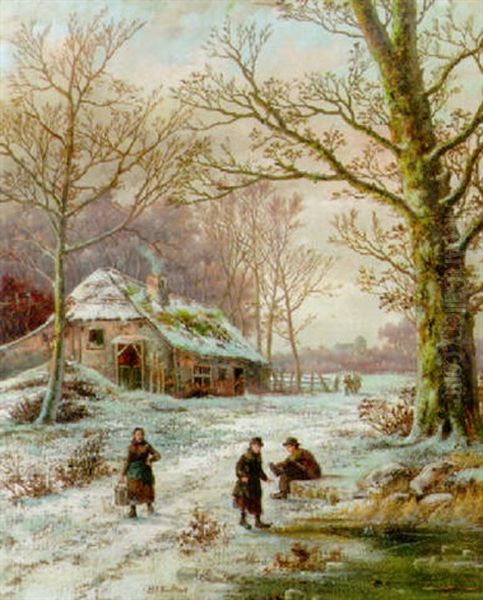 A Winter Landscape With Youngsters Putting On Their Skates Oil Painting by Hendrik Barend Koekkoek