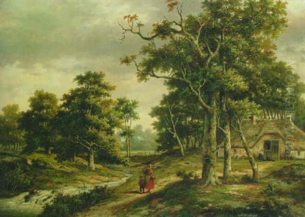 A Peasant Woman And A Boy Walking Along A Stream In A Wooded Landscape Oil Painting by Hendrik Barend Koekkoek