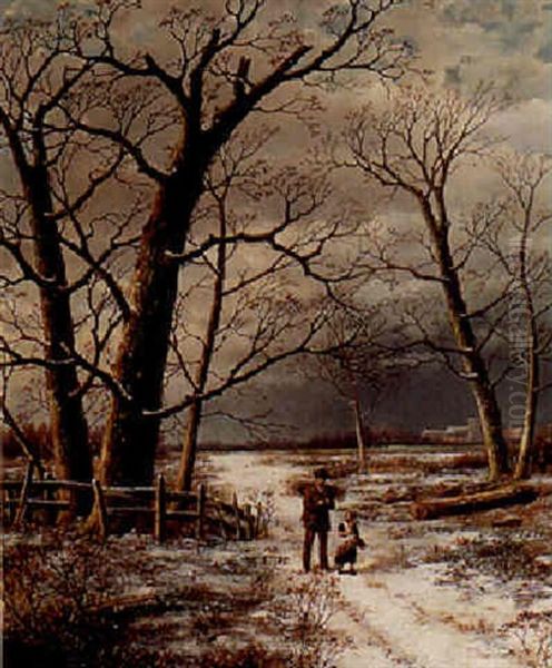 Figures On A Snowy Country Road Oil Painting by Hendrik Barend Koekkoek