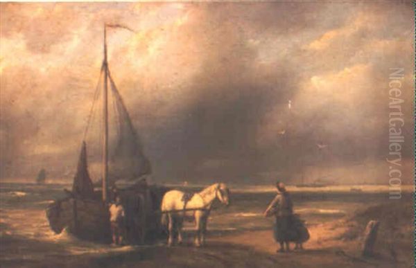 Pescadores En La Playa Oil Painting by Hendrik Barend Koekkoek