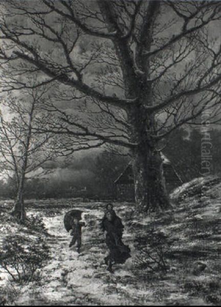 Wooded Winter Landscape With A Woman And Children On A Snowy Path Oil Painting by Hendrik Barend Koekkoek