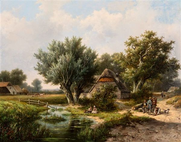 Rural Landscape With Ditch, 'stolp' Farm And Figures, Including Hunters With A Hare by Hendrik Pieter Koekkoek