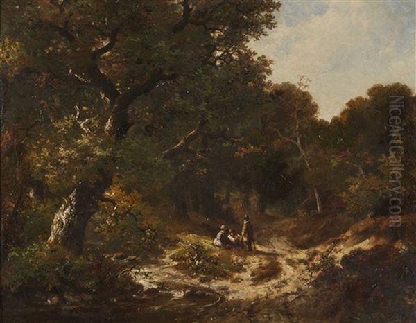 Figures On A Forest Path Oil Painting by Hendrik Pieter Koekkoek