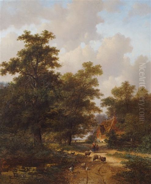 Landscape With Figures And Animals Oil Painting by Hendrik Pieter Koekkoek