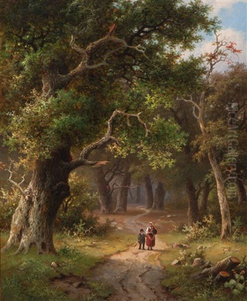 Figures On A Forest Path Oil Painting by Hendrik Pieter Koekkoek