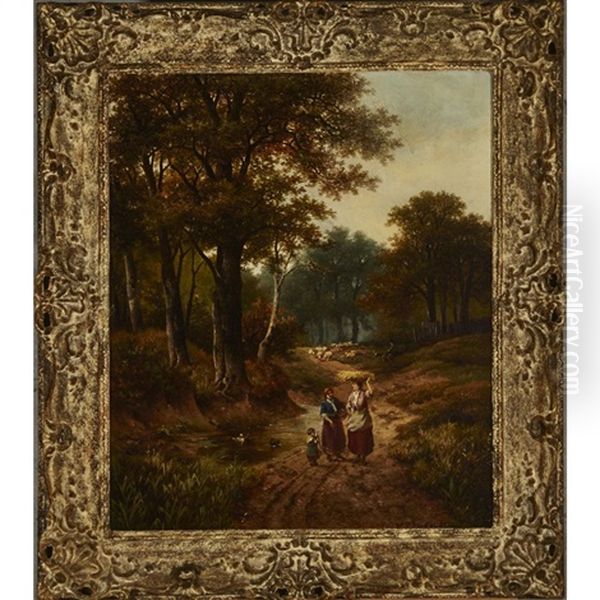 Figures On A Wooded Path With Sheep Oil Painting by Hendrik Pieter Koekkoek