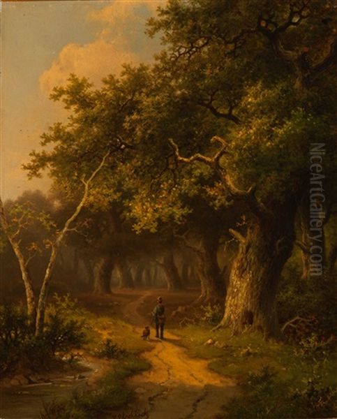 Hunter And His Dog On The Road Oil Painting by Hendrik Pieter Koekkoek