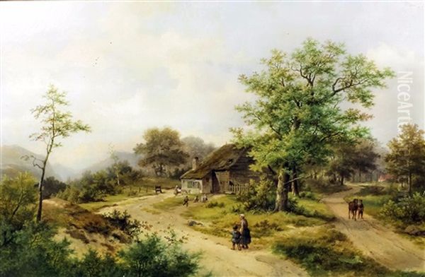 Rural Landscapes With Cottages And Figures On A Track To Foreground (a Pair) Oil Painting by Hendrik Pieter Koekkoek