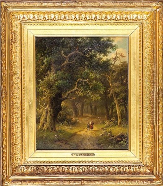 Figures On A Wooded Path (2 Works) Oil Painting by Hendrik Pieter Koekkoek