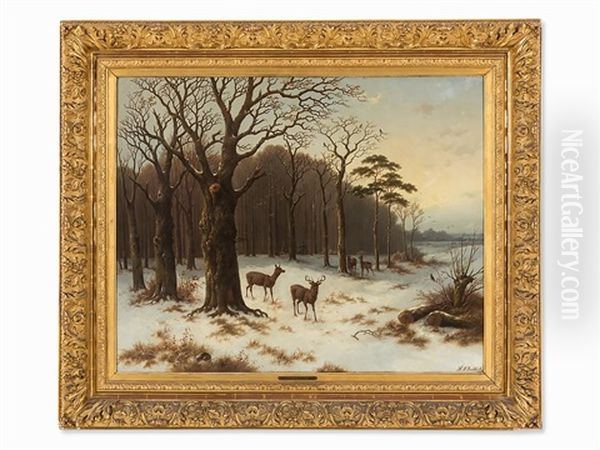 Winter Forest With Deer Oil Painting by Hendrik Pieter Koekkoek