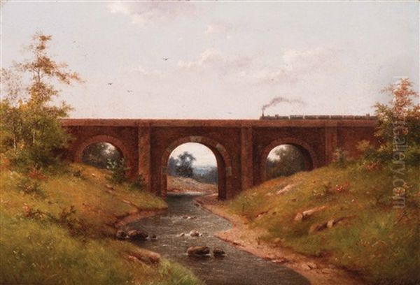 Railway Bridge Accross The River Brent (county Of Middlesex) Oil Painting by Hendrik Pieter Koekkoek