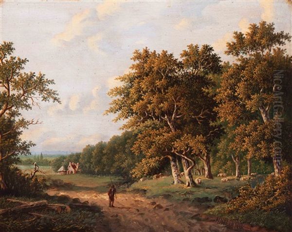 Shepherd With His Flock In A Wooded Landscape Oil Painting by Hendrik Pieter Koekkoek