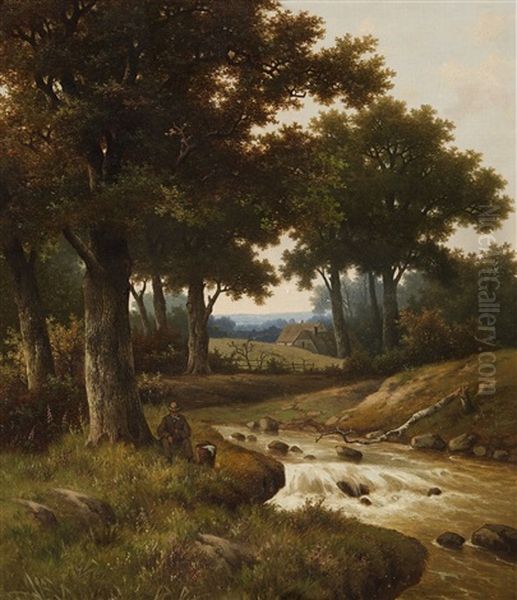 Wooded River Landscape With Houses In The Background Oil Painting by Hendrik Pieter Koekkoek