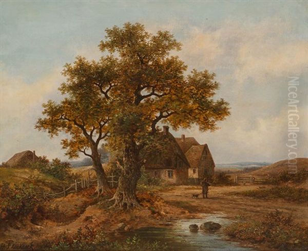 Bauernhauser In Weiter Landschaft Oil Painting by Hendrik Pieter Koekkoek