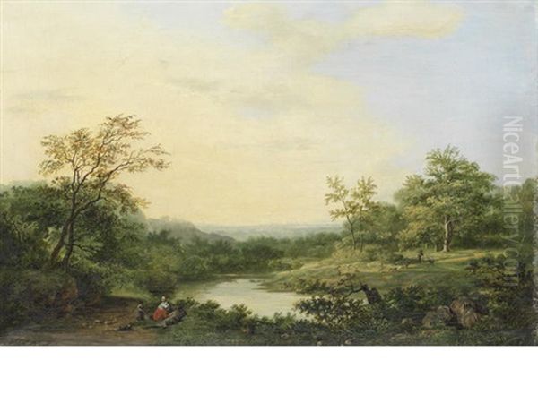 A Romantic River Landscape Oil Painting by Hendrik Pieter Koekkoek