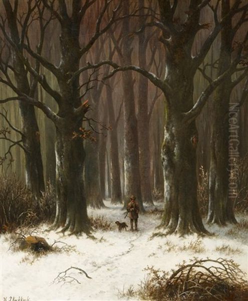 Jager Im Winterwald Oil Painting by Hendrik Pieter Koekkoek