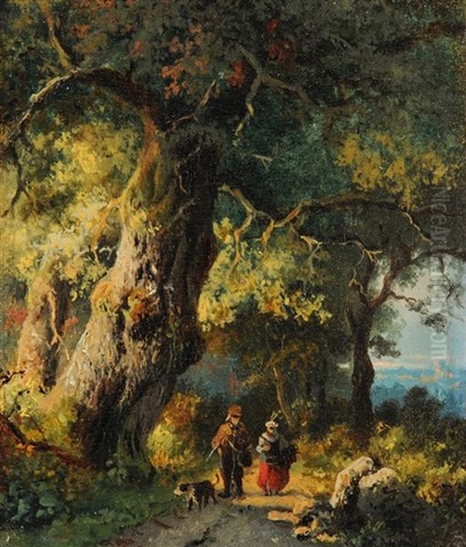 Waldweg Mit Jager Und Hund Oil Painting by Hendrik Pieter Koekkoek