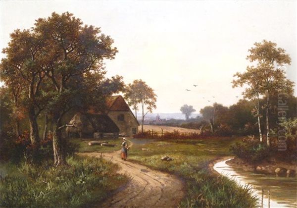 Figure In A Landscape Before A Cottage Oil Painting by Hendrik Pieter Koekkoek