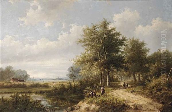 A Summer's Day With A Family Fishing By A Pond Oil Painting by Hendrik Pieter Koekkoek