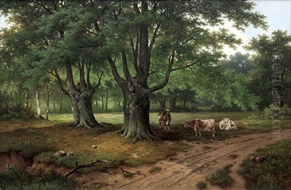 Forest With Three Cows Oil Painting by Hendrik Pieter Koekkoek