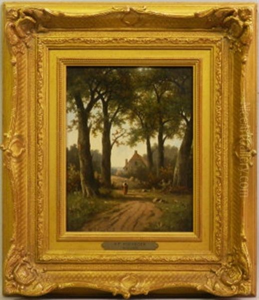 Figure On A Woodland Path With A Cottage Beyond Oil Painting by Hendrik Pieter Koekkoek