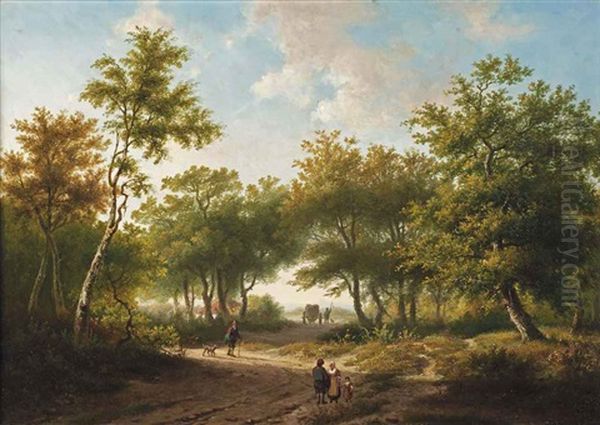 Travelers In A Forest During A Sunny Day Oil Painting by Hendrik Pieter Koekkoek