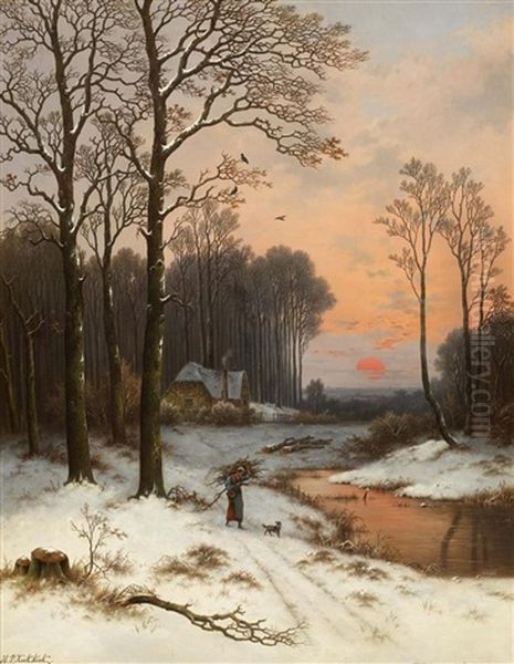 Winterabend Am Waldrand Oil Painting by Hendrik Pieter Koekkoek