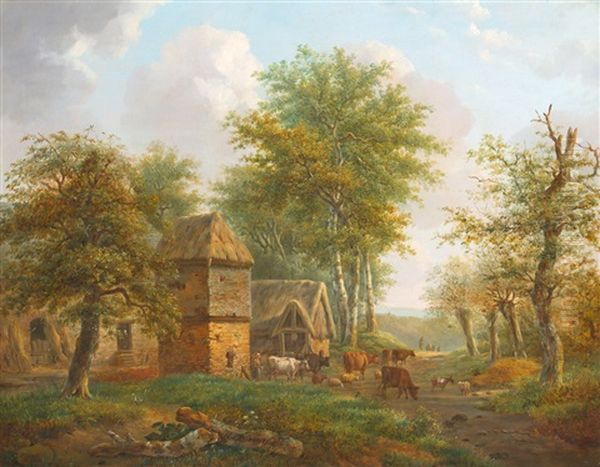 Landschaft Mit Bauernhof Und Viehherde Oil Painting by Hendrik Pieter Koekkoek