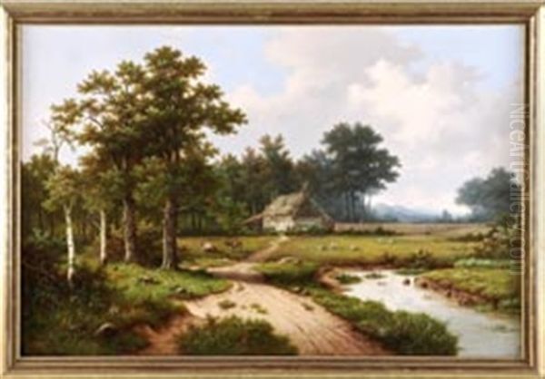 Gehoft Mit Kuhen Und Schafen Im Vordergrund Und Dunenlandschaft Im Hintergrund Oil Painting by Hendrik Pieter Koekkoek