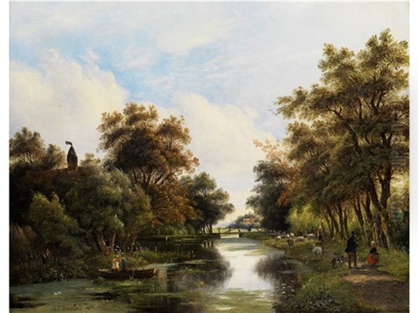 Baumlandschaft Mit Flusslauf, Brucke Und Figurenstaffage Oil Painting by Hendrik Pieter Koekkoek