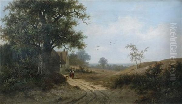 Villagers On A Country Track (+ River Landscape With Cattle Grazing; Pair) Oil Painting by Hendrik Pieter Koekkoek