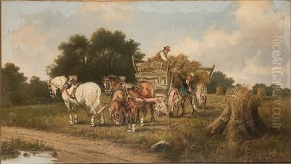 Gathering Hay (collab. W/harden Melville) Oil Painting by Hendrik Pieter Koekkoek