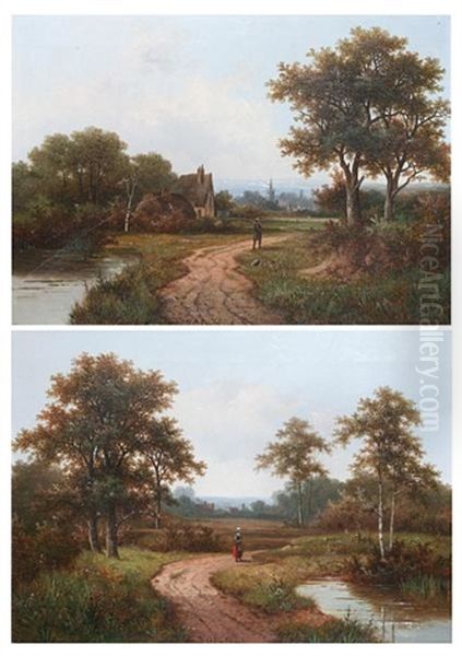 Traveller On A Country Path (+ A Lady On A Pathway By A Stream; Pair) Oil Painting by Hendrik Pieter Koekkoek