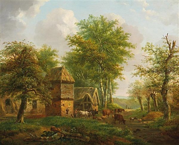 Sommerliche Dorflandschaft Mit Baumen Und Vieh Oil Painting by Hendrik Pieter Koekkoek