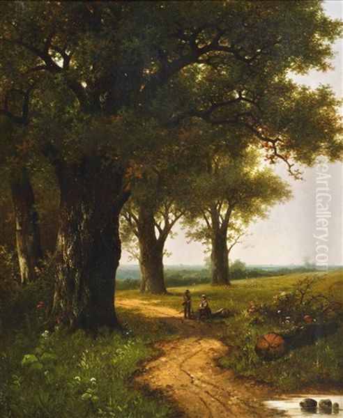 Auf Dem Feldweg Unter Grosen Eichen Oil Painting by Hendrik Pieter Koekkoek