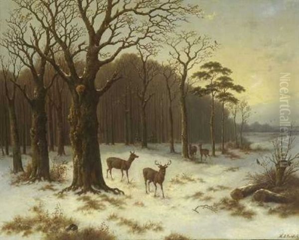 Hirsche Am Winterlichen Waldrand Oil Painting by Hendrik Pieter Koekkoek