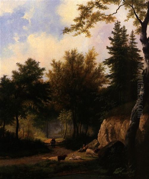 Idyllische Sommerliche Waldlandschaft Mit Schafen Auf Besonnter Lichtung Neben Bachlauf Oil Painting by Hendrik Pieter Koekkoek