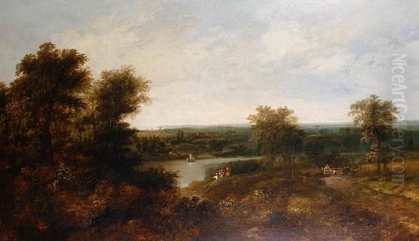 Figures In An Extensive River Landscape Oil Painting by A. Beattie