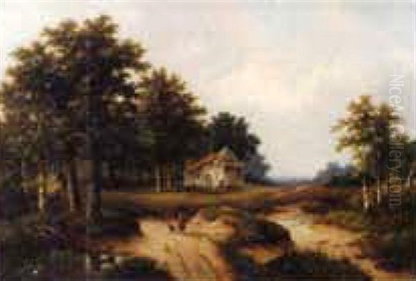 Figure With A Dog On A Path In A Wooded Landscape Oil Painting by Hendrik Pieter Koekkoek